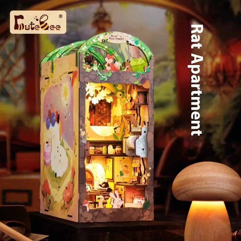 CuteBeediy Green Bamboo Bookstore wooden 3D hand-assembled book stand model with flashing lights on a wooden surface