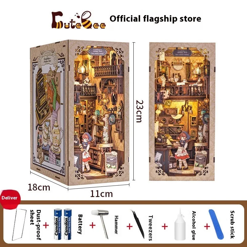 CuteBeediy Green Bamboo Bookstore wooden 3D hand-assembled book stand model with flashing lights on a wooden surface