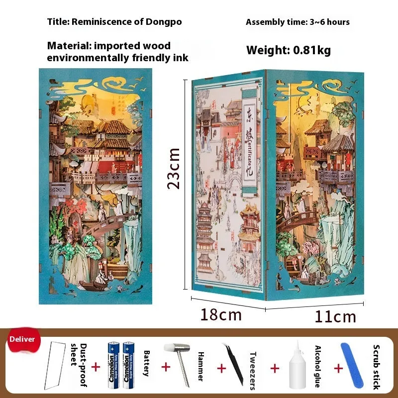 CuteBeediy Green Bamboo Bookstore wooden 3D hand-assembled book stand model with flashing lights on a wooden surface