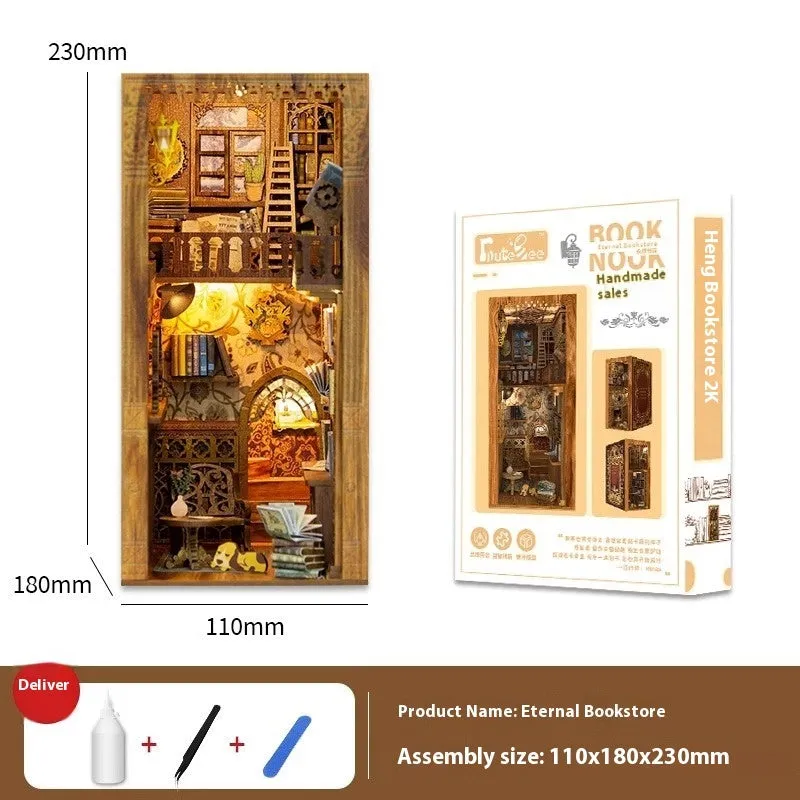 CuteBeediy Green Bamboo Bookstore wooden 3D hand-assembled book stand model with flashing lights on a wooden surface