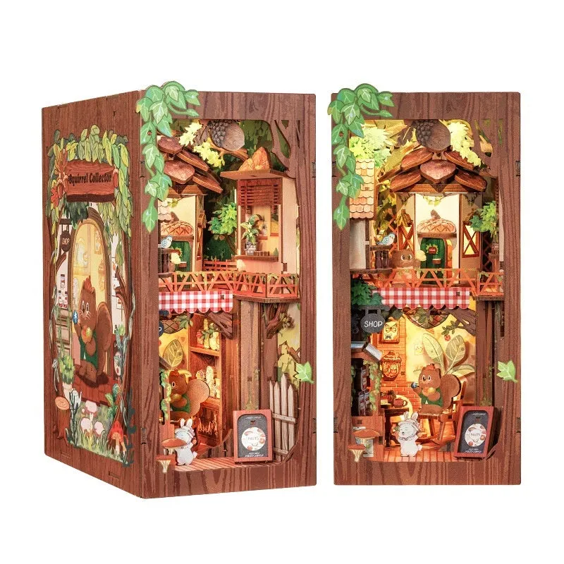 CuteBeediy Green Bamboo Bookstore wooden 3D hand-assembled book stand model with flashing lights on a wooden surface