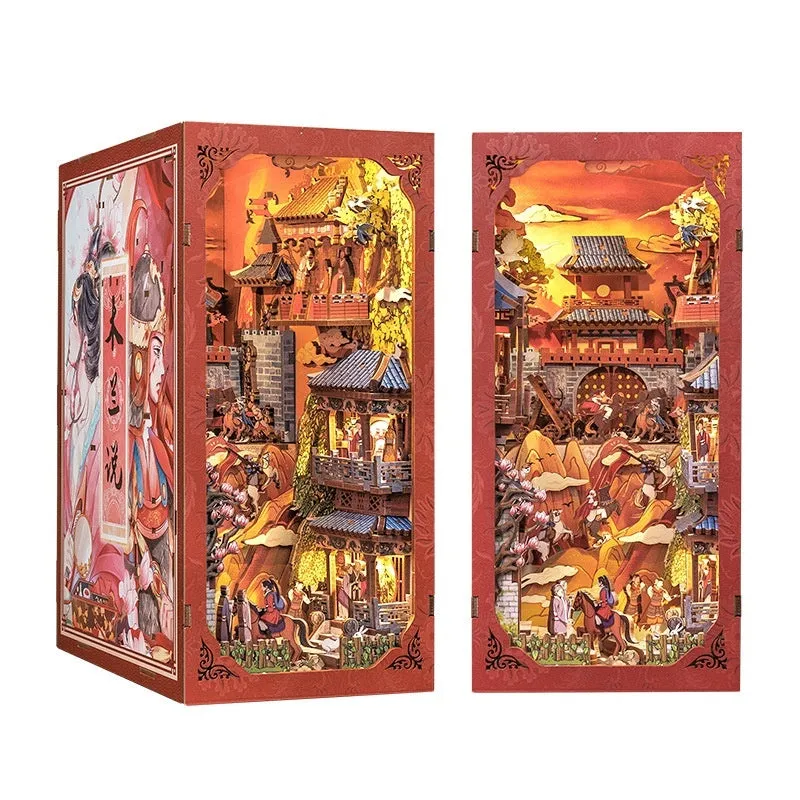 CuteBeediy Green Bamboo Bookstore wooden 3D hand-assembled book stand model with flashing lights on a wooden surface