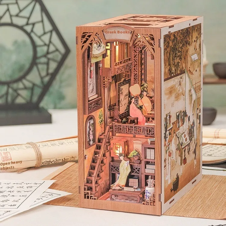 CuteBeediy Green Bamboo Bookstore wooden 3D hand-assembled book stand model with flashing lights on a wooden surface