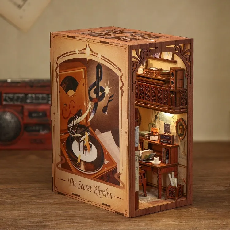 CuteBeediy Green Bamboo Bookstore wooden 3D hand-assembled book stand model with flashing lights on a wooden surface