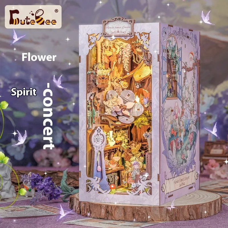 CuteBeediy Green Bamboo Bookstore wooden 3D hand-assembled book stand model with flashing lights on a wooden surface