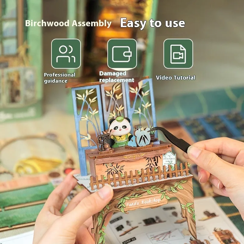 CuteBeediy Green Bamboo Bookstore wooden 3D hand-assembled book stand model with flashing lights on a wooden surface
