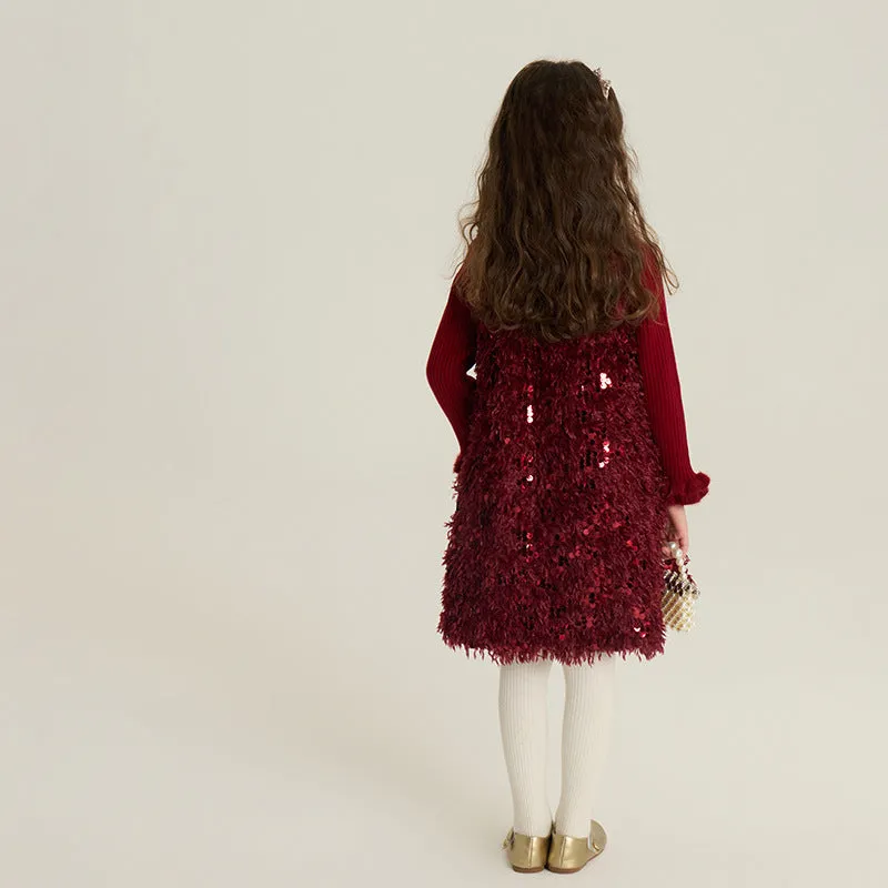 Red winter cotton padded sequin girls vest dress set with matching sweater on child model