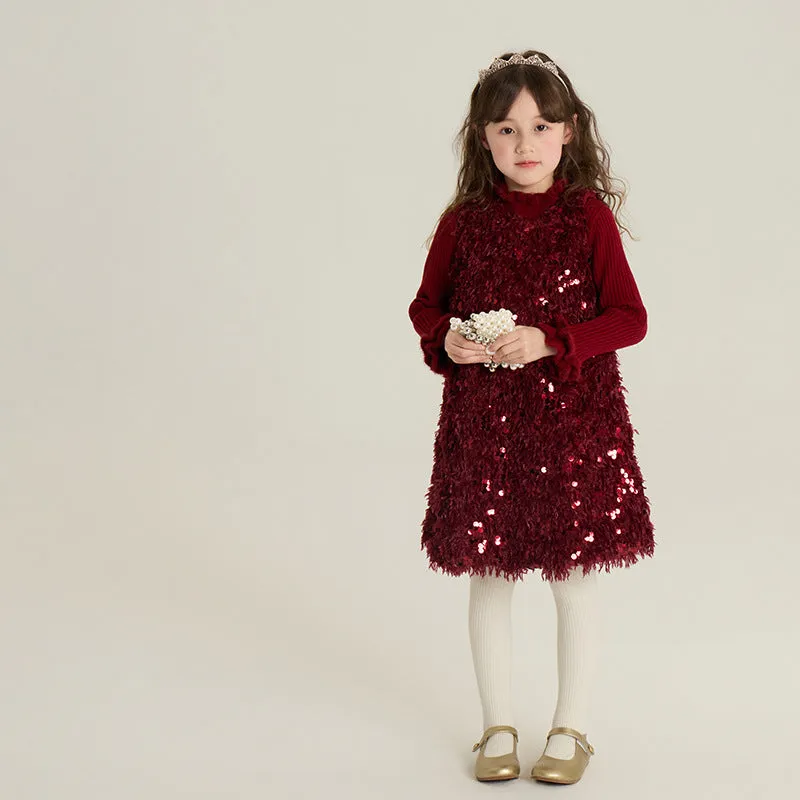 Red winter cotton padded sequin girls vest dress set with matching sweater on child model