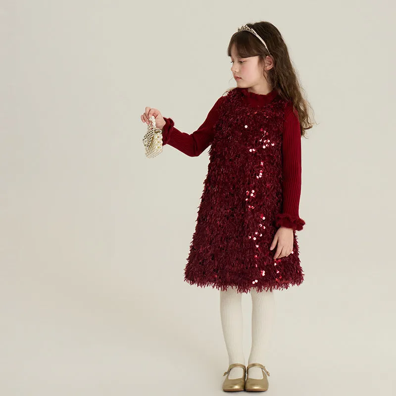 Red winter cotton padded sequin girls vest dress set with matching sweater on child model