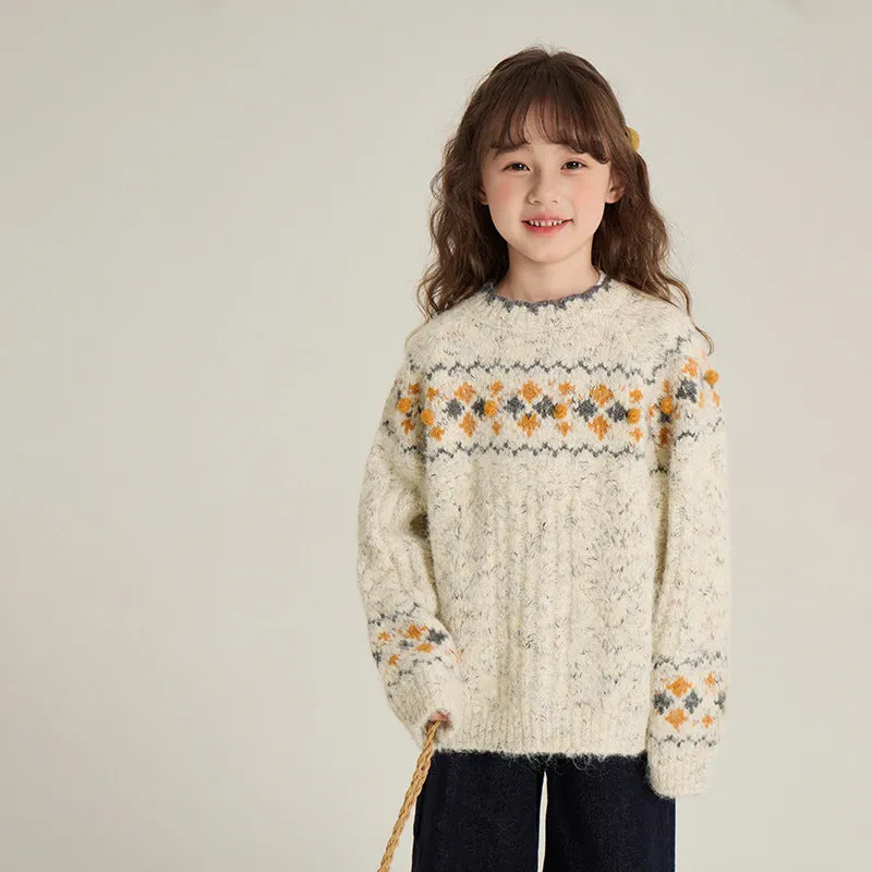 Thickened knitting top pullover in greige for children, retro idle style, 90-160cm height
