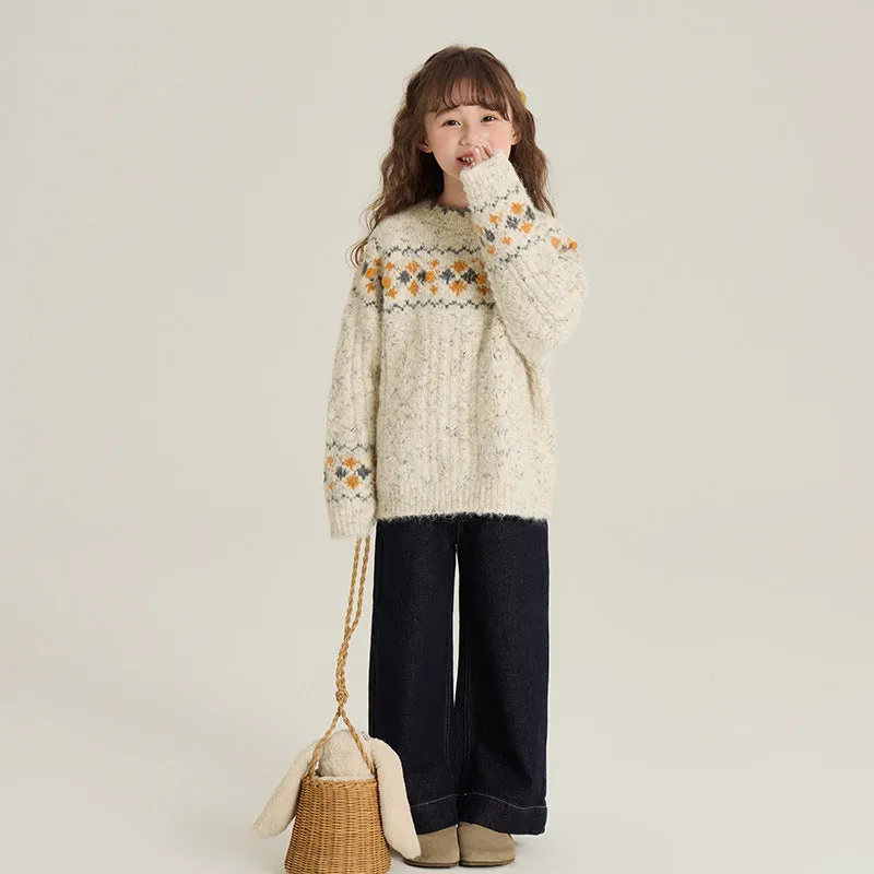 Thickened knitting top pullover in greige for children, retro idle style, 90-160cm height