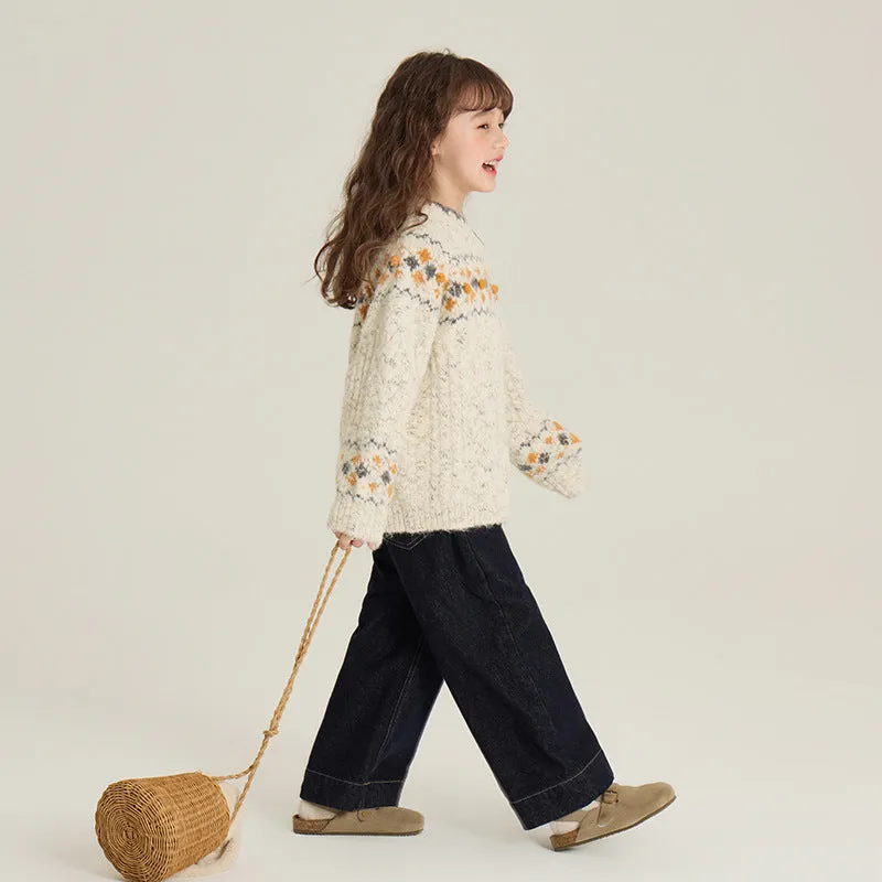 Thickened knitting top pullover in greige for children, retro idle style, 90-160cm height