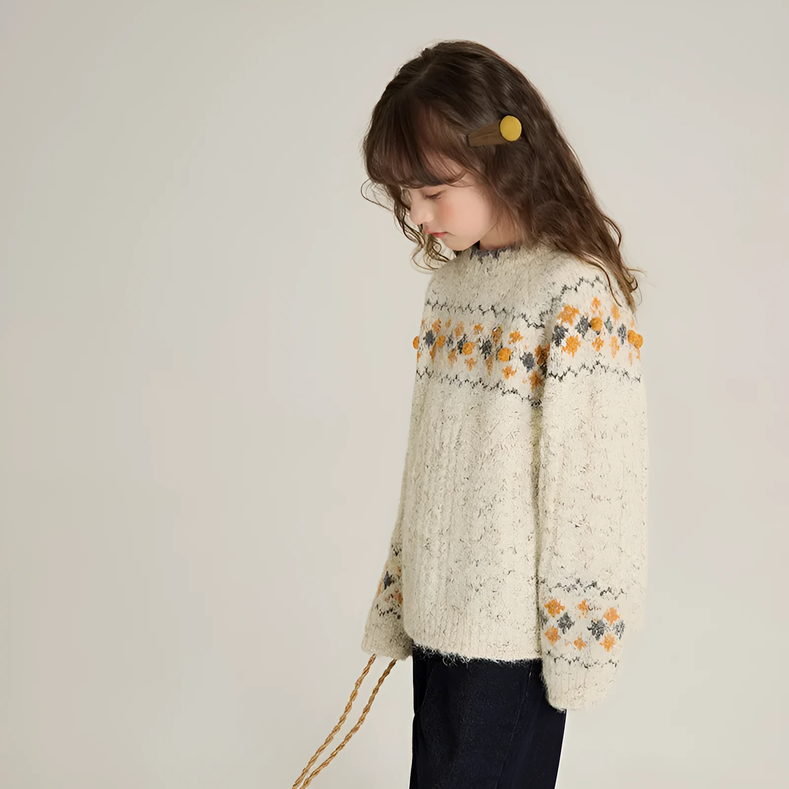 Thickened knitting top pullover in greige for children, retro idle style, 90-160cm height