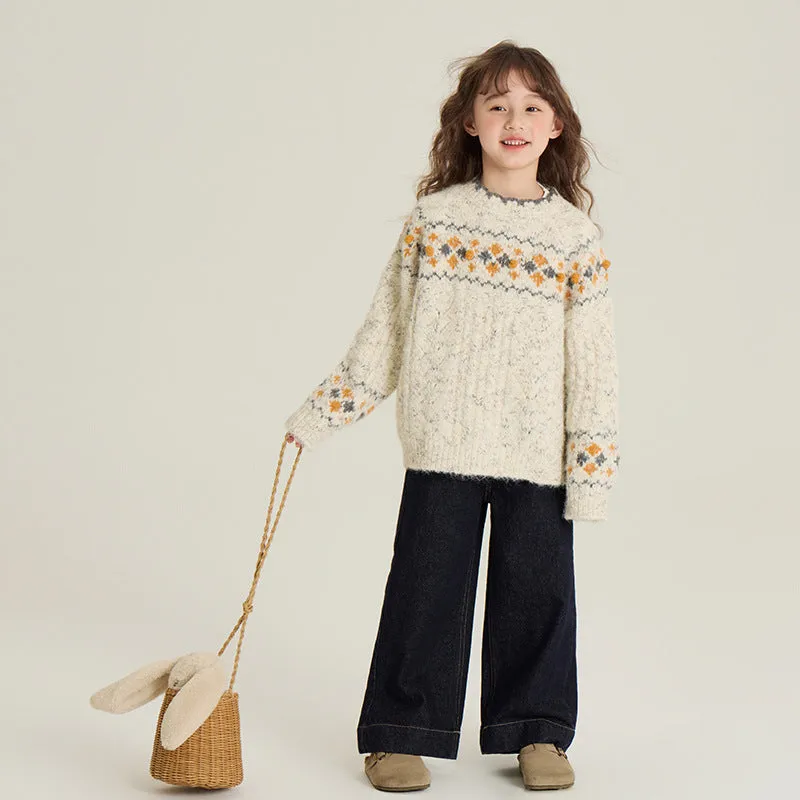 Thickened knitting top pullover in greige for children, retro idle style, 90-160cm height