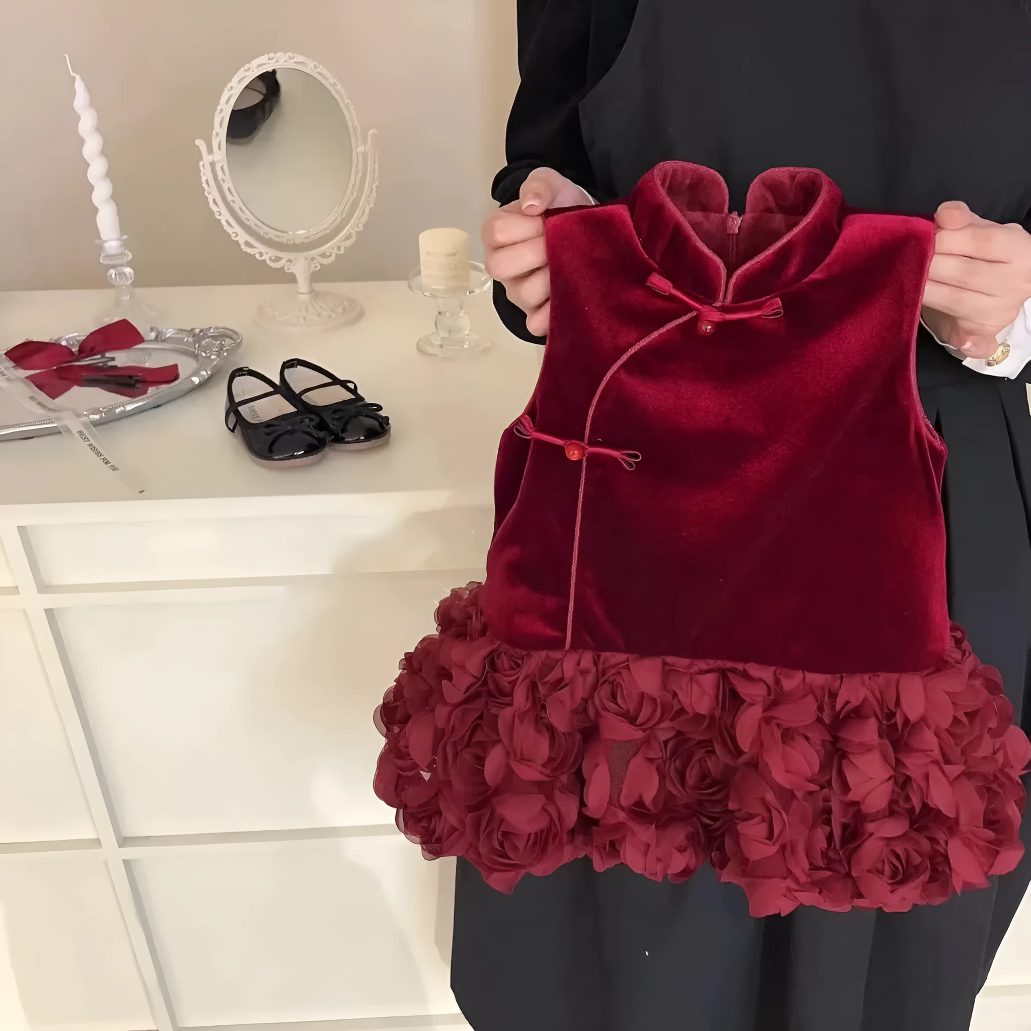 Girls' velvet padded cheongsam dress with flower pattern in bud skirt colour, cotton fabric, available for heights 80-140cm