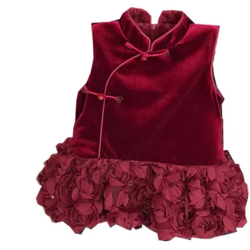 Girls' velvet padded cheongsam dress with flower pattern in bud skirt colour, cotton fabric, available for heights 80-140cm