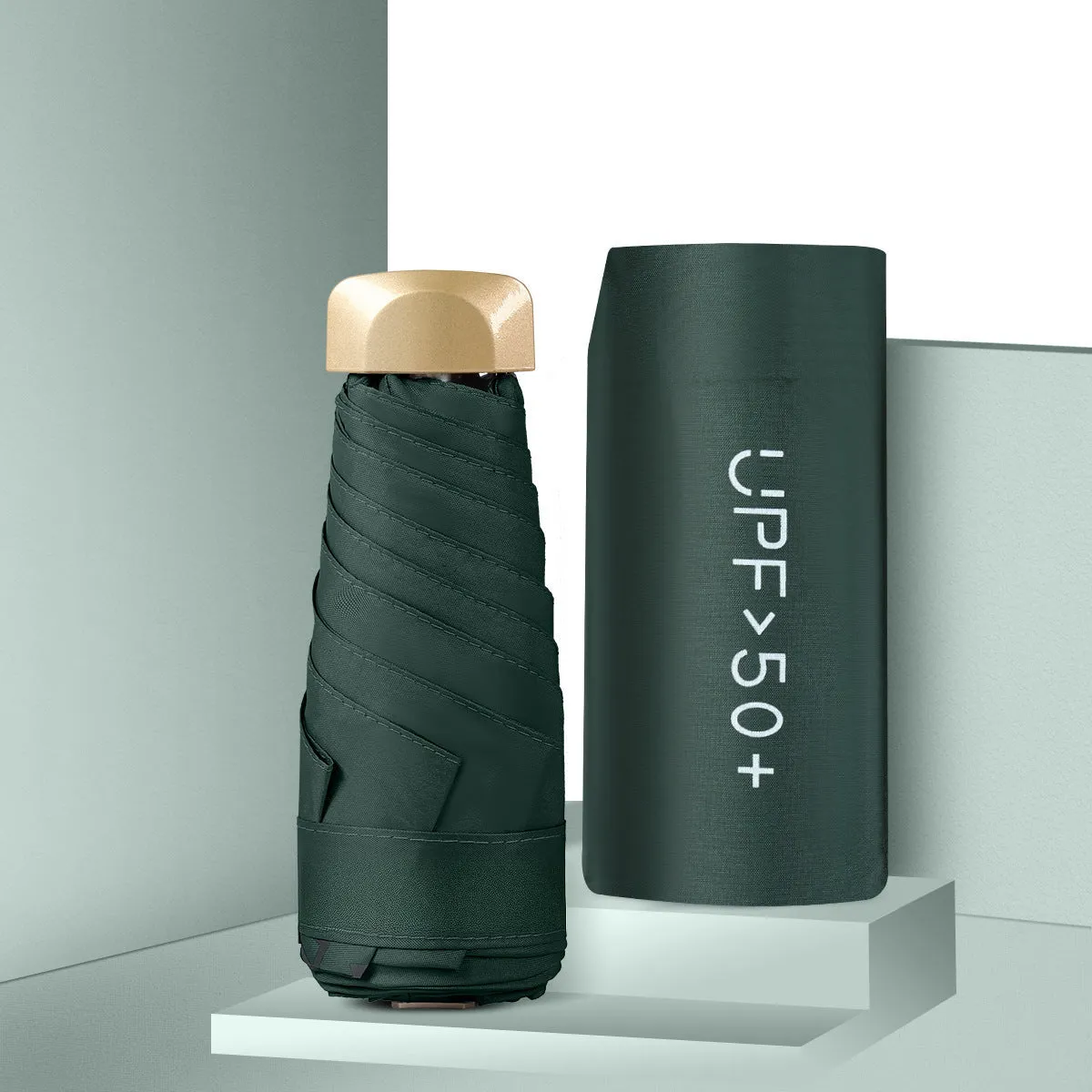 Compact 5-fold sun umbrella in multiple colours showing NC fabric construction and alloy rib structure