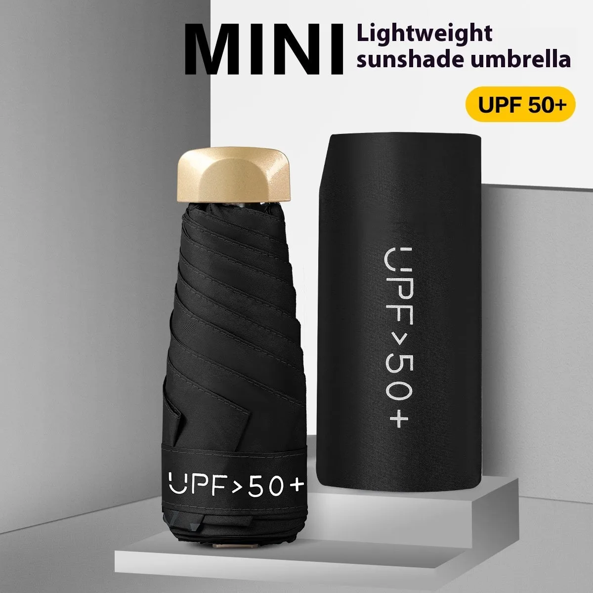 Compact 5-fold sun umbrella in multiple colours showing NC fabric construction and alloy rib structure