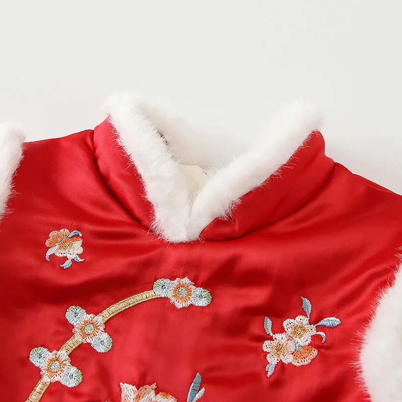 Red thickened baby triangle jumpsuit with long sleeves and pullover style on white background