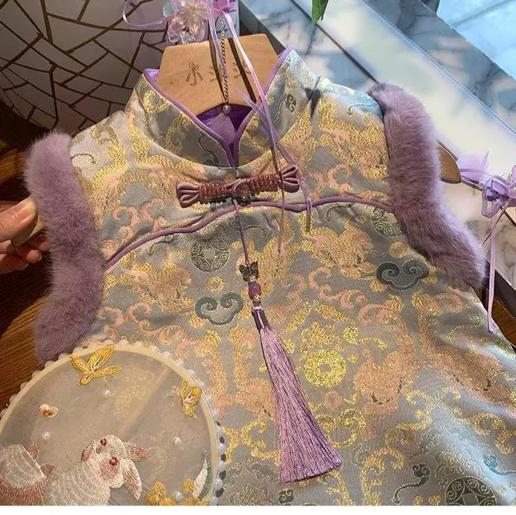 Girls' velvet padded cheongsam dress with flower pattern, available in purple and apricot colours