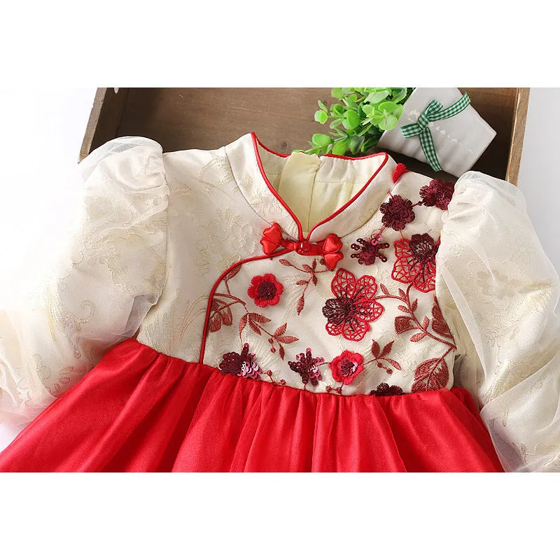 Red girls flower print dress made of chemical fibre blend, suitable for spring and autumn, height size 85cm