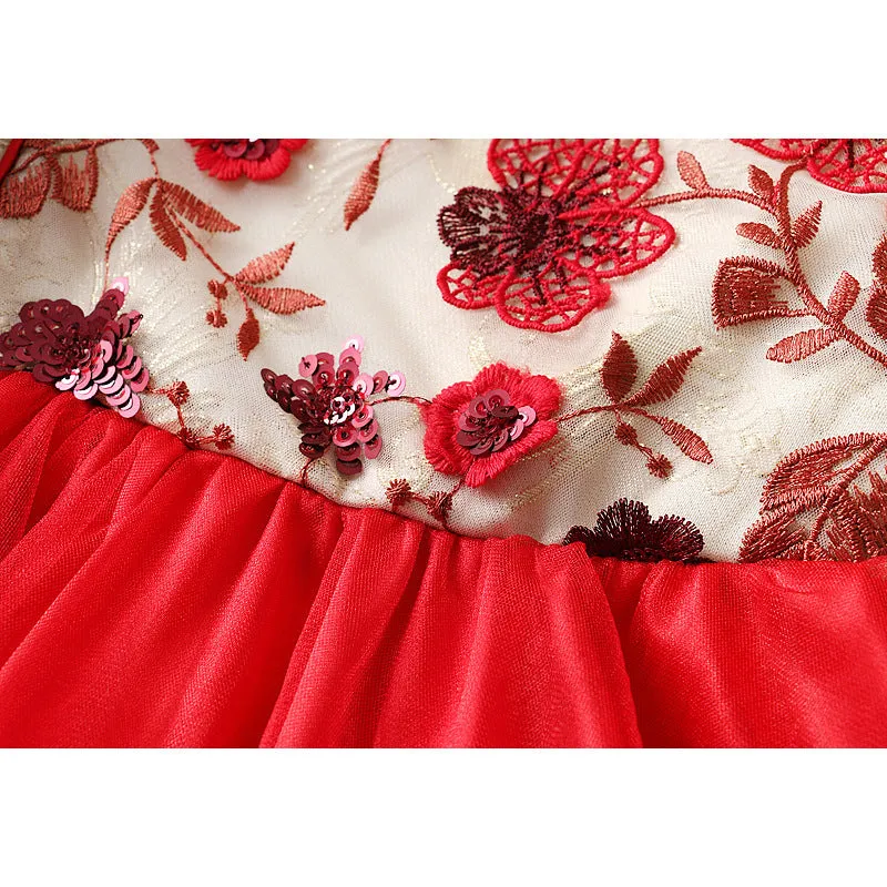 Red girls flower print dress made of chemical fibre blend, suitable for spring and autumn, height size 85cm