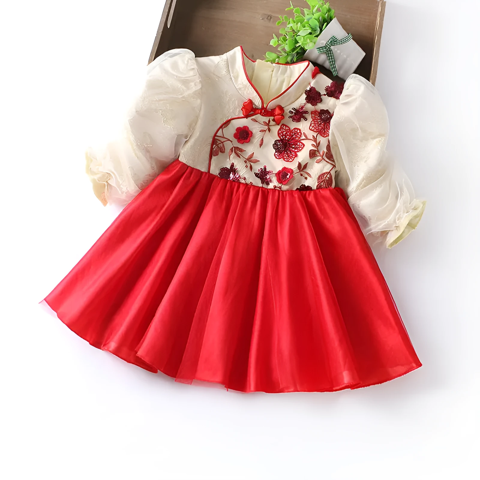 Red girls flower print dress made of chemical fibre blend, suitable for spring and autumn, height size 85cm