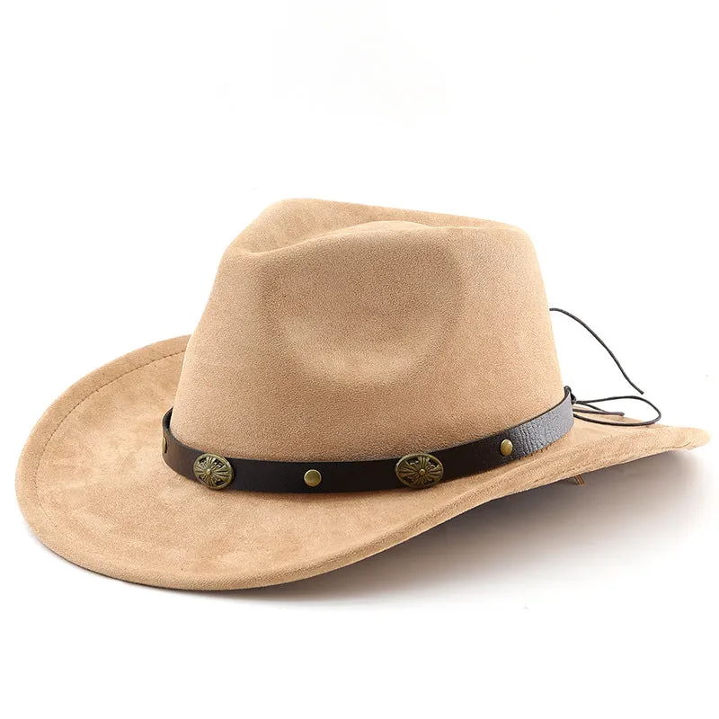 Brown leather velvet cowboy hat with curved brim and conical crown on a wooden post.