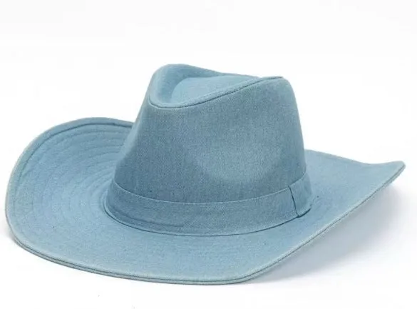 Brown leather velvet cowboy hat with curved brim and conical crown on a wooden post.