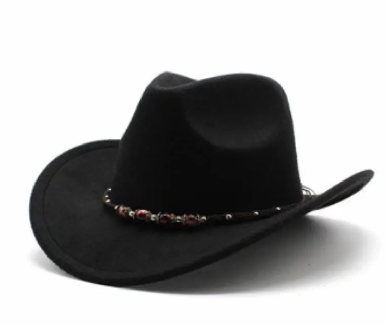 Brown leather velvet cowboy hat with curved brim and conical crown on a wooden post.