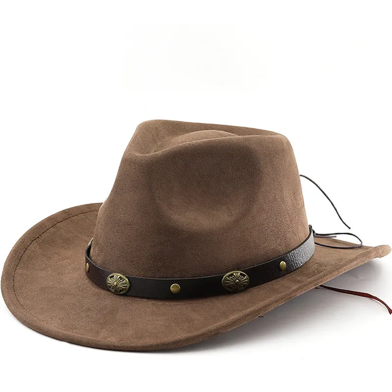 Brown leather velvet cowboy hat with curved brim and conical crown on a wooden post.