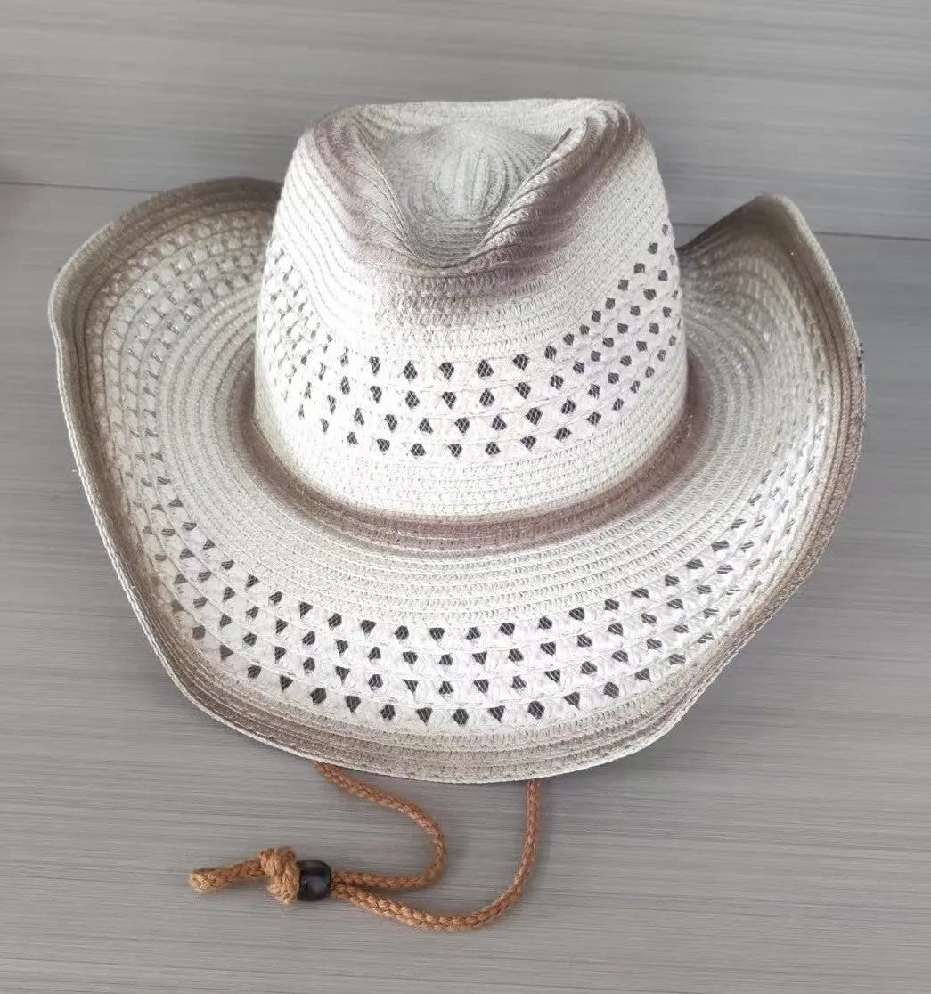 Brown leather velvet cowboy hat with curved brim and conical crown on a wooden post.