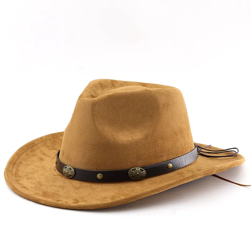 Brown leather velvet cowboy hat with curved brim and conical crown on a wooden post.