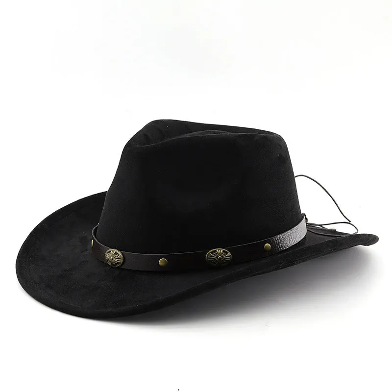 Brown leather velvet cowboy hat with curved brim and conical crown on a wooden post.