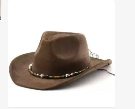 Brown leather velvet cowboy hat with curved brim and conical crown on a wooden post.