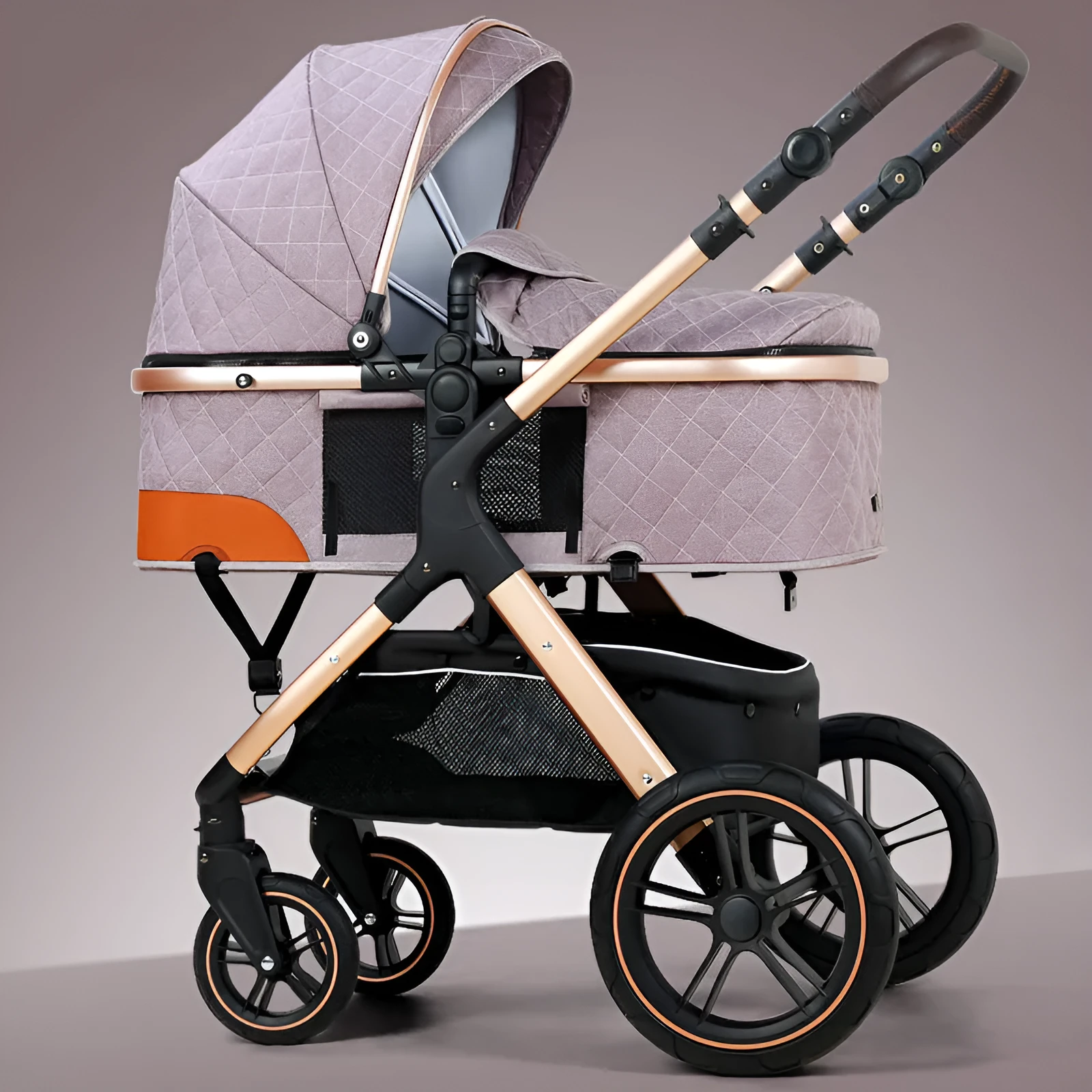 Lightweight folding baby cart with iron pipe frame, sit and lie positions, 15kg capacity, in khaki colour