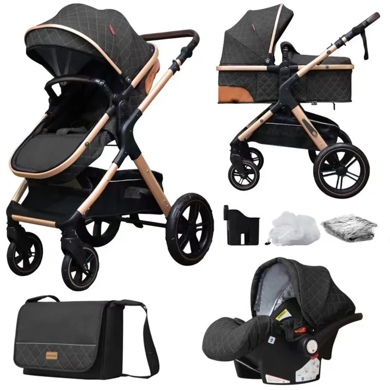 Lightweight folding baby cart with iron pipe frame, sit and lie positions, 15kg capacity, in khaki colour