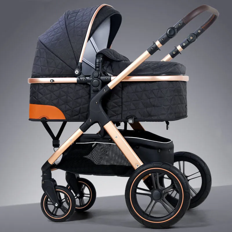 Lightweight folding baby cart with iron pipe frame, sit and lie positions, 15kg capacity, in khaki colour