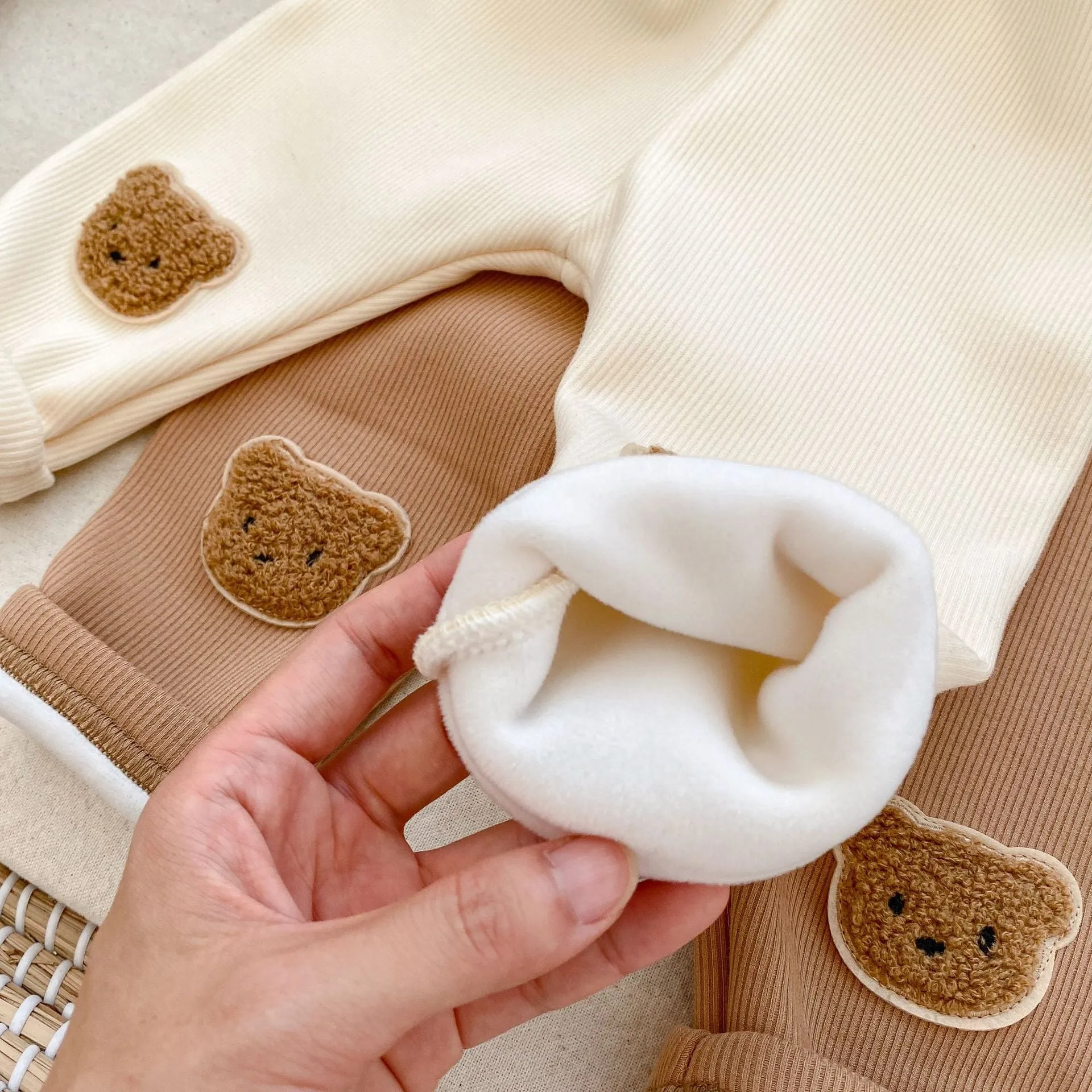 Cotton bear embroidered high-waist trousers for children, autumn winter, milk apricot colour