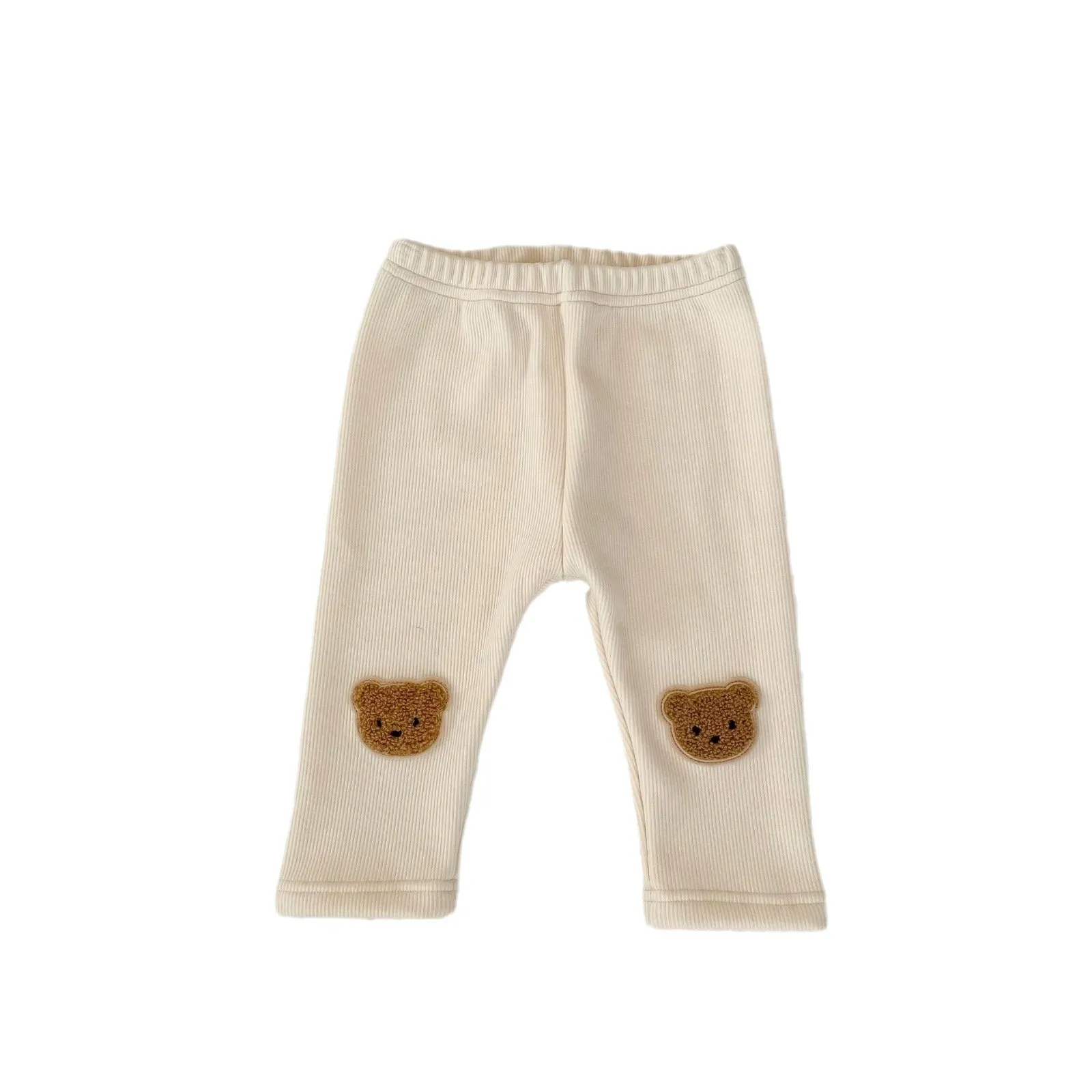 Cotton bear embroidered high-waist trousers for children, autumn winter, milk apricot colour