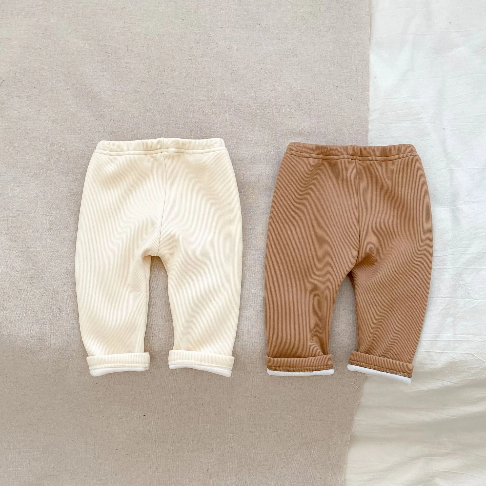 Cotton bear embroidered high-waist trousers for children, autumn winter, milk apricot colour