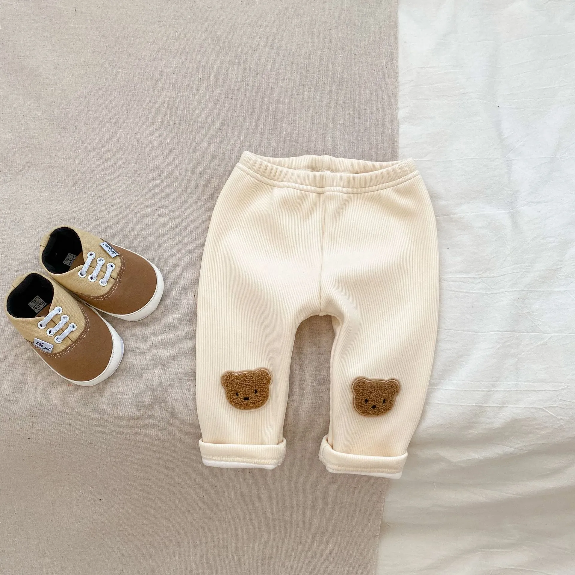 Cotton bear embroidered high-waist trousers for children, autumn winter, milk apricot colour