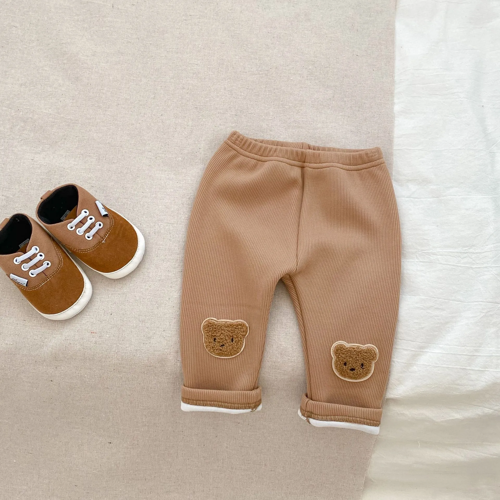 Cotton bear embroidered high-waist trousers for children, autumn winter, milk apricot colour