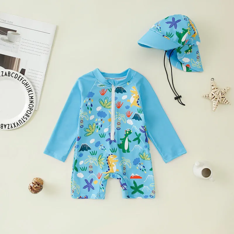 Children's one-piece jumpsuit swimsuit with matching hat in dark blue shark print, made from polyester