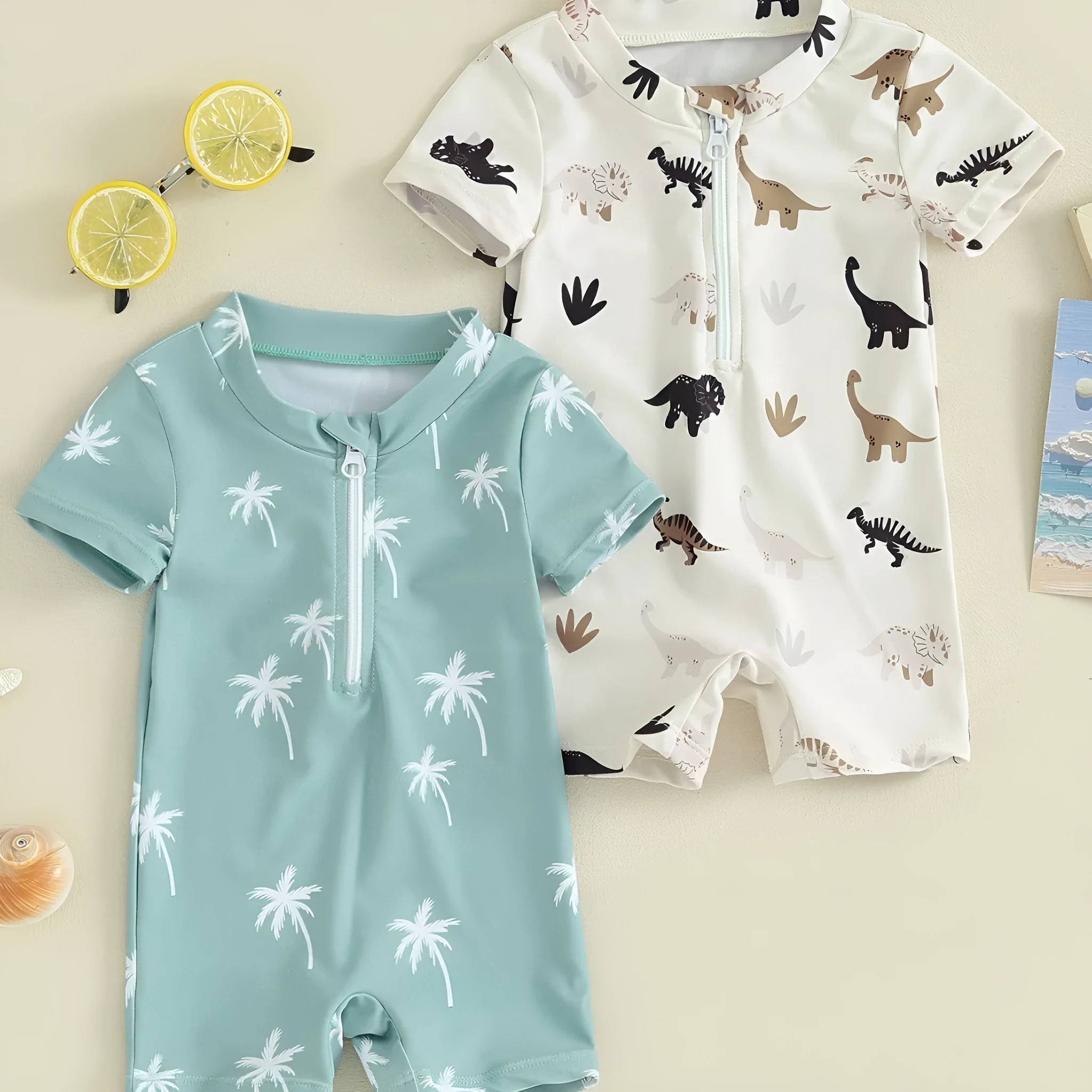 Children's coconut tree printed polyester swimsuit in peacock green and white, suitable for beach and pool