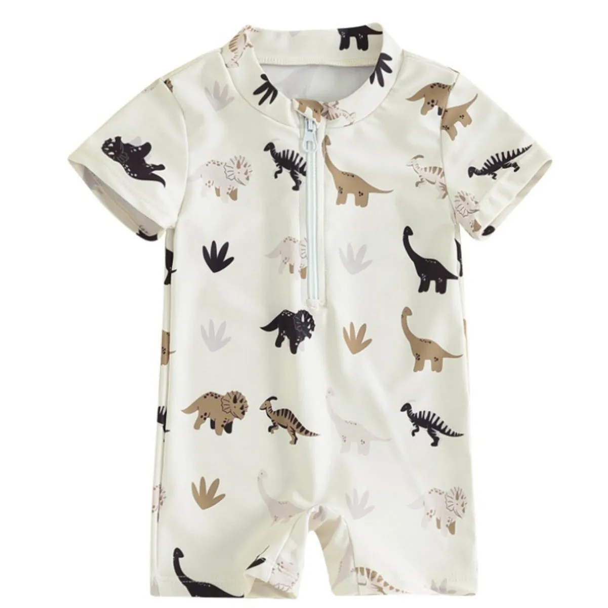 Children's coconut tree printed polyester swimsuit in peacock green and white, suitable for beach and pool