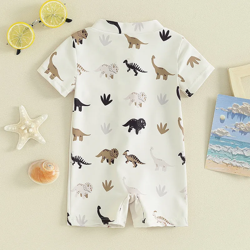 Children's coconut tree printed polyester swimsuit in peacock green and white, suitable for beach and pool