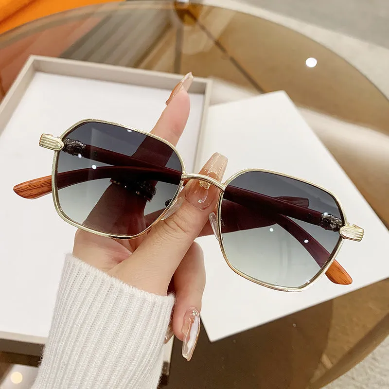 Gold frame frameless glasses with wood grain pattern and double blue lenses