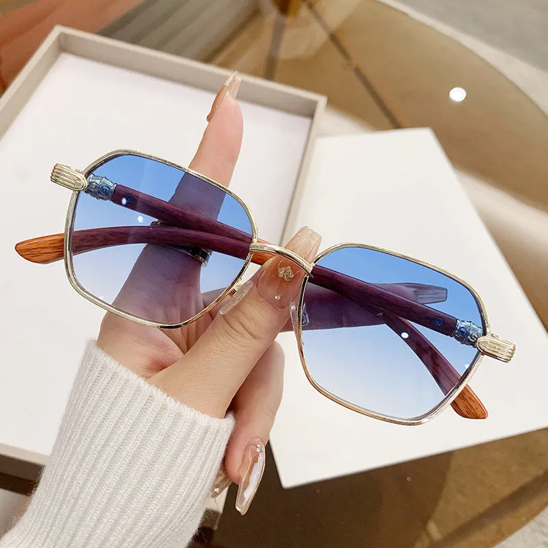 Gold frame frameless glasses with wood grain pattern and double blue lenses