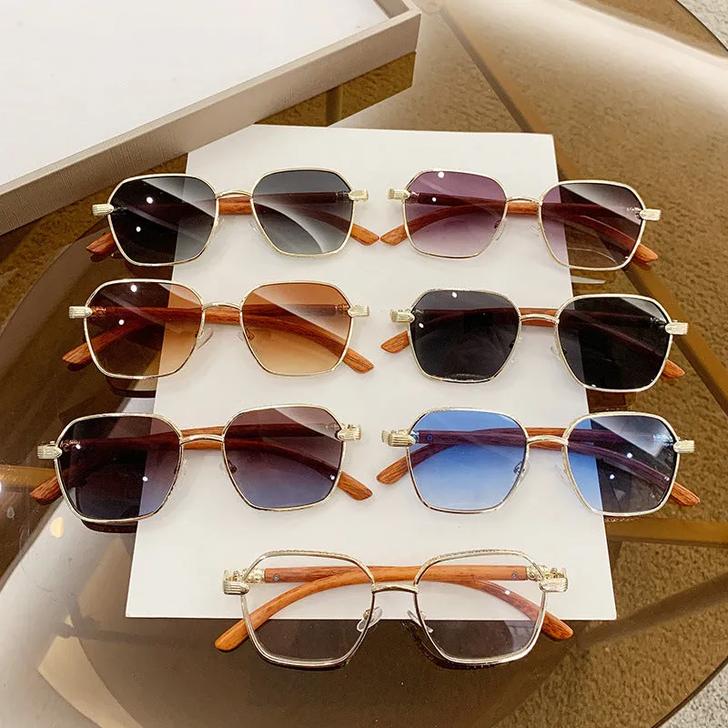 Gold frame frameless glasses with wood grain pattern and double blue lenses
